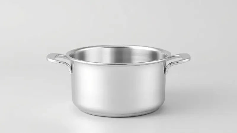 Ilustração 3D de uma panela de alumínio brilhante e limpa simbolizando segurança e higiene na cozinha.