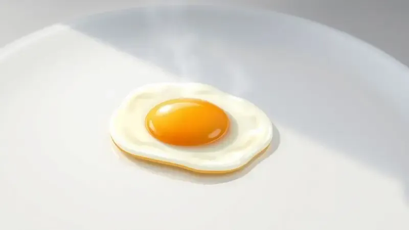 Ilustração de um ovo frito deslizando perfeitamente em uma superfície de panela branca com tecnologia antiaderente avançada.