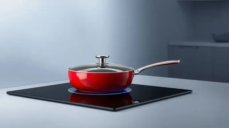 Uma panela vermelha posicionada sobre uma superfície de fogão por indução moderna e minimalista.