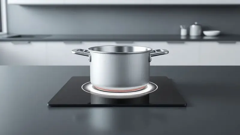 Representação artística de uma panela moderna sobre um cooktop de indução destacando a compatibilidade tecnológica.
