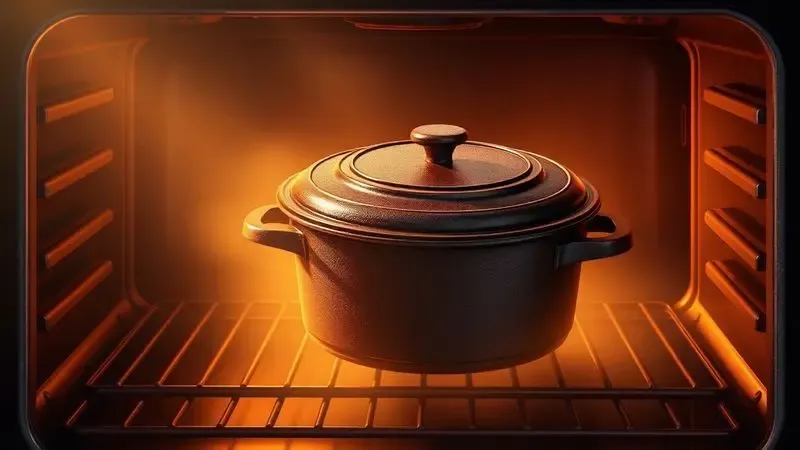 Ilustração de uma panela de ferro fundido dentro de um forno aquecido demonstrando sua versatilidade.