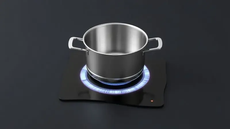 Representação conceitual de uma panela de inox sobre um fogão de indução moderno com brilho eletromagnético.