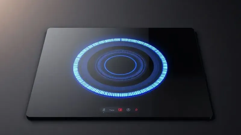 Efeito de energia circular azul sob uma superfície de fogão de indução moderno com base de panela estilizada.