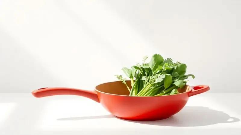 Legumes verdes frescos dentro de uma frigideira vermelha moderna, simbolizando uma alimentação saudável e segura.