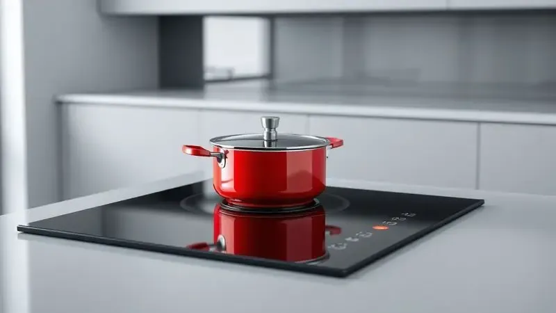 Renderização 3D de uma panela vermelha moderna sobre um fogão de indução de vidro preto, destacando compatibilidade tecnológica.