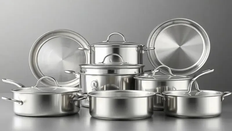 Ilustração de utensílios de metal para cozinha, destacando a superfície brilhante e a capacidade de condução térmica dos materiais.