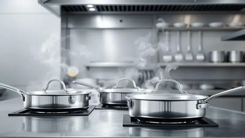 Renderização 3D de panelas de aço inox em uma cozinha profissional representando a escolha de utensílios de chefs.