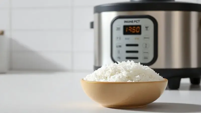 Renderização artística de uma tigela de arroz branco perfeitamente cozido ao lado de uma panela elétrica moderna.
