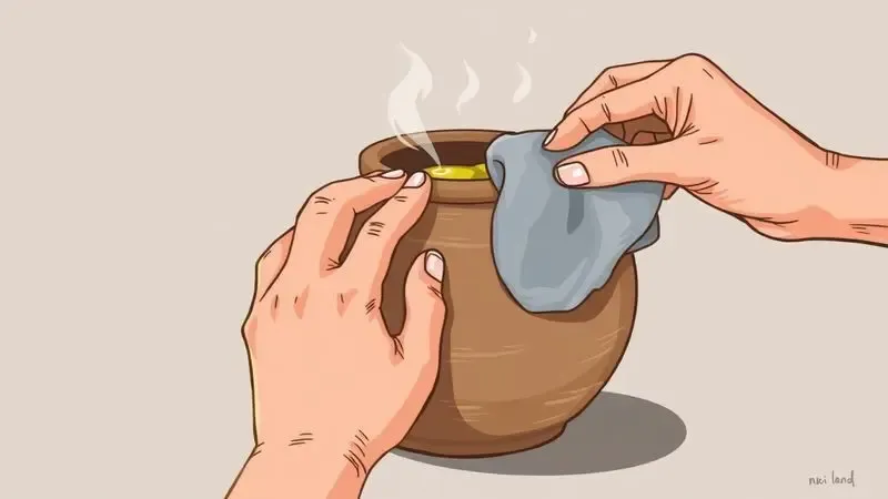 Ilustração digital mostrando o processo de passar óleo em uma panela de barro para o processo de cura.