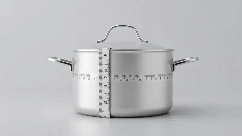 Representação 3D de uma fita métrica medindo o diâmetro de uma panela para encontrar a tampa correta.