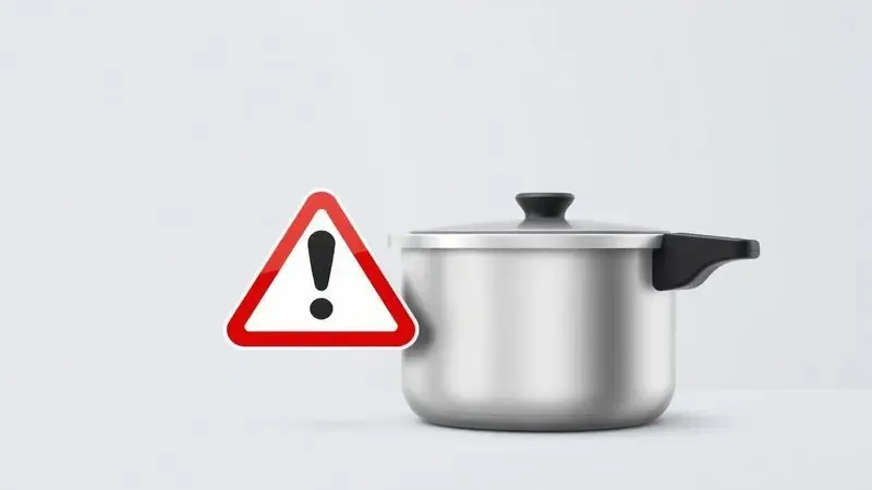 Ilustração digital conceitual de um ícone de alerta sobre uma panela de pressão, representando os riscos de consertos amadores.