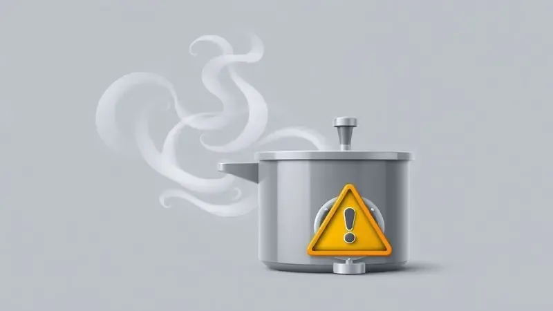 Ilustração digital artística de uma válvula de panela de pressão com ícones simbólicos de alerta e segurança ao redor.