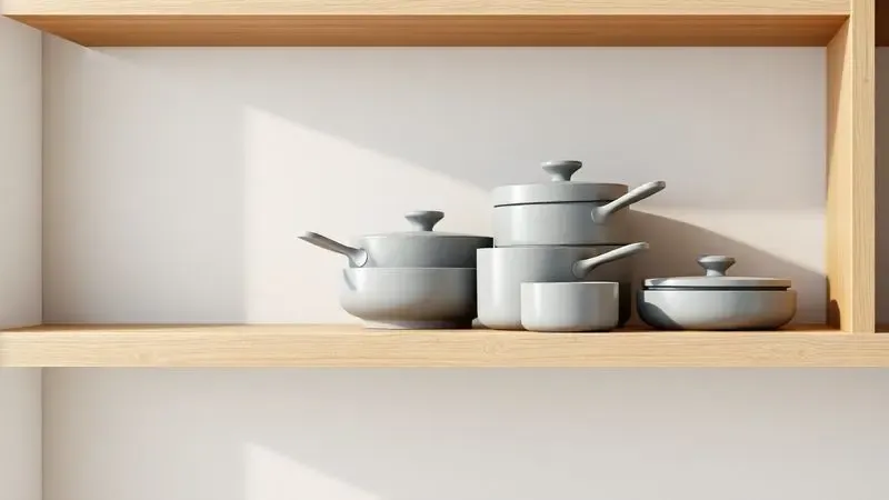 Prateleira de cozinha minimalista com conjunto de panelas cinzas simbolizando qualidade, durabilidade e organização no lar.