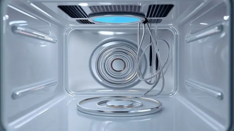 Representação 3D limpa dos componentes elétricos e circuitos internos de uma panela de pressão elétrica genérica.
