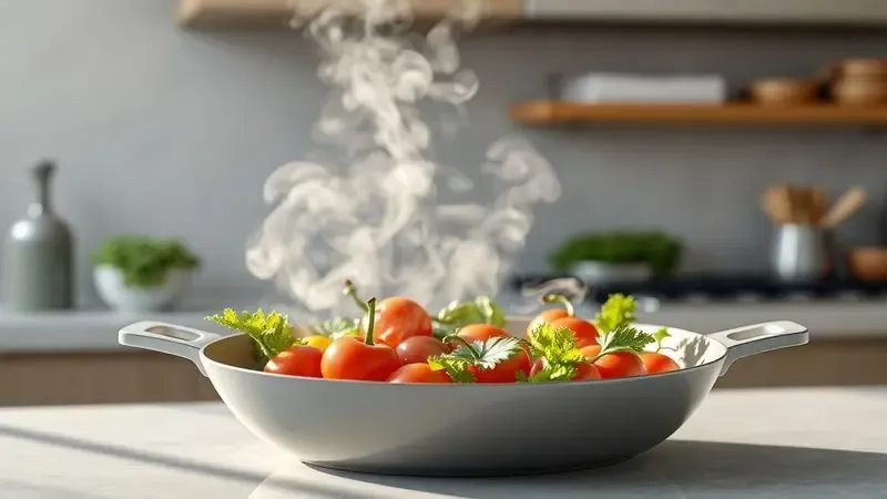 Ilustração 3D de uma panela de cerâmica moderna com vegetais frescos e vapor suave, destacando a superfície antiaderente.