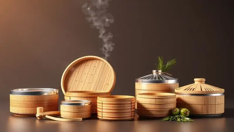 Diferentes tipos conceituais de cestos para cozimento a vapor em renderização 3D colorida.
