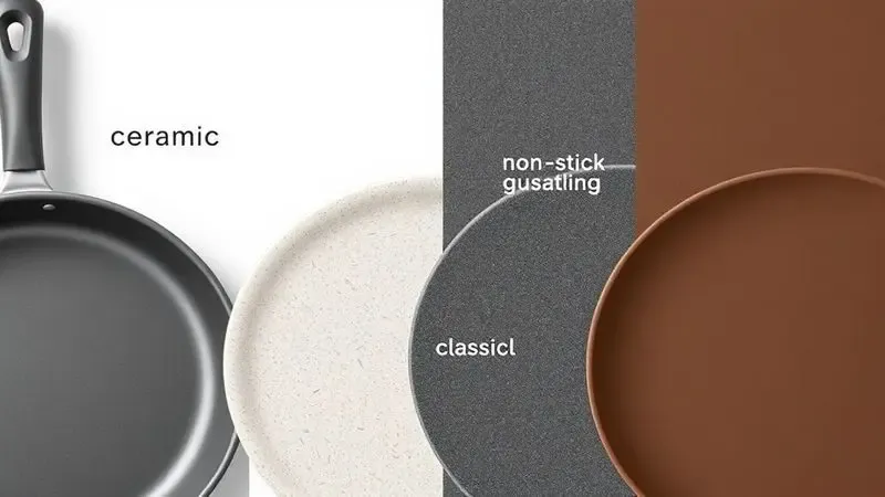 Ilustração digital mostrando diferentes texturas de revestimentos antiaderentes como cerâmica e pedra em um estilo minimalista.