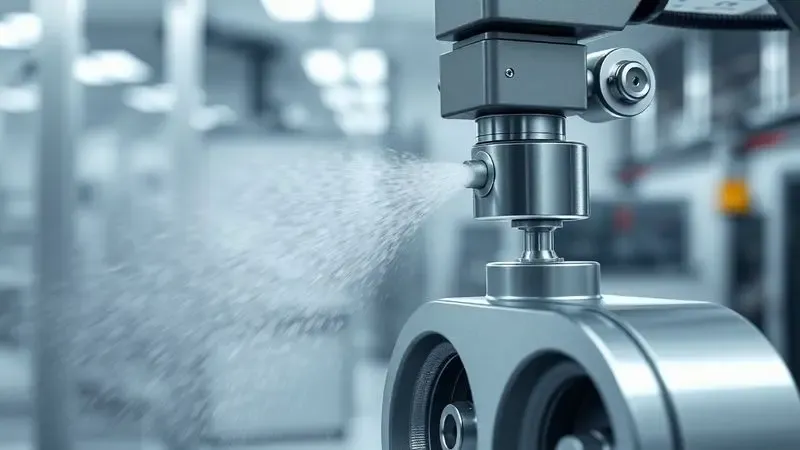 Representação 3D do processo industrial de aplicação de spray de teflon em uma peça metálica sob iluminação controlada.