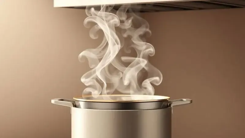 Representação artística de vapor saindo de uma panela elétrica, ilustrando o processo de cozimento eficiente.