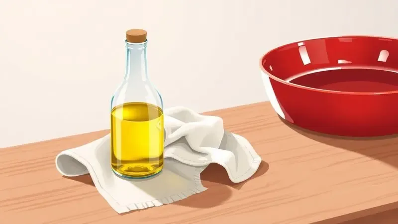 Itens para manutenção de panelas de cerâmica como óleo vegetal e pano de microfibra macio em uma bancada.
