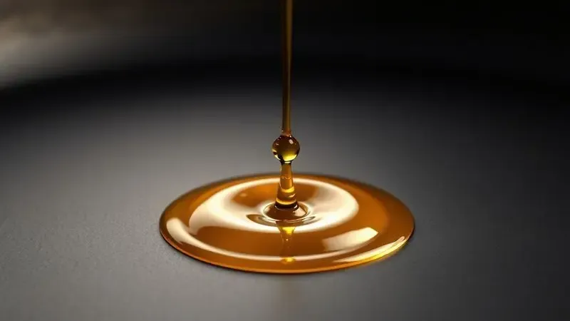 Ilustração 3D conceitual de uma gota de óleo dourada sendo aplicada sobre uma superfície de ferro fundido.