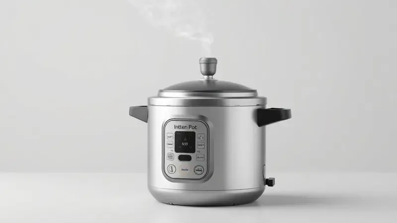 Ilustração 3D de uma panela de pressão com vapor saindo da válvula de segurança em um ambiente limpo e minimalista.