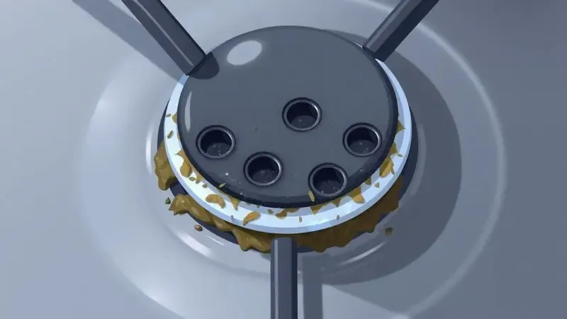 Renderização artística de um queimador de fogão com acúmulo de resíduos e gordura, ilustrando a causa do entupimento.