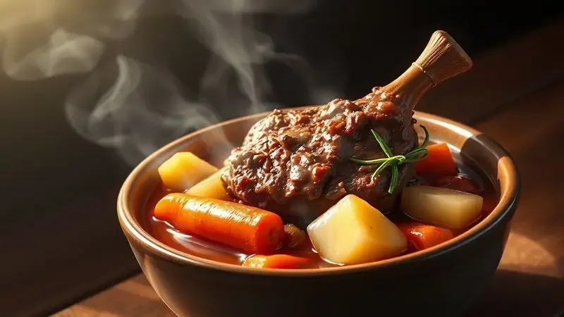 Renderização artística de um suculento ensopado de carne com legumes em uma tigela, destacando texturas e cores.