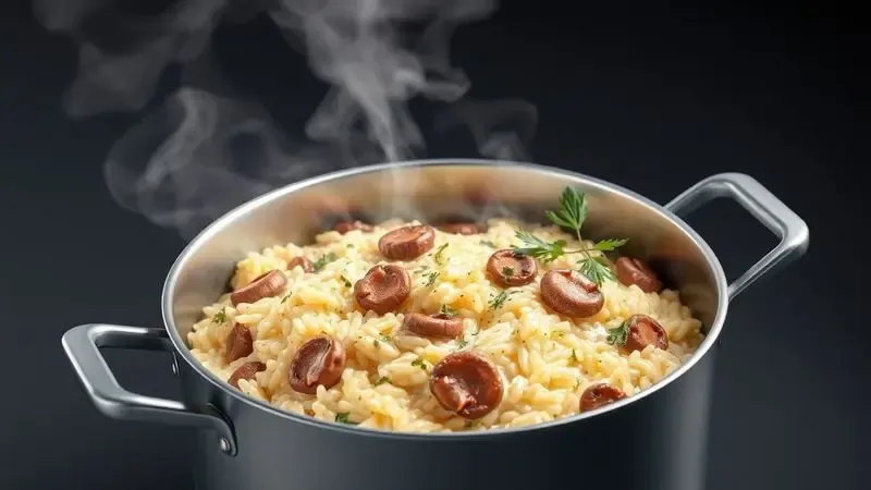 Ilustração conceitual de um risoto cremoso com cogumelos preparado em uma panela elétrica.