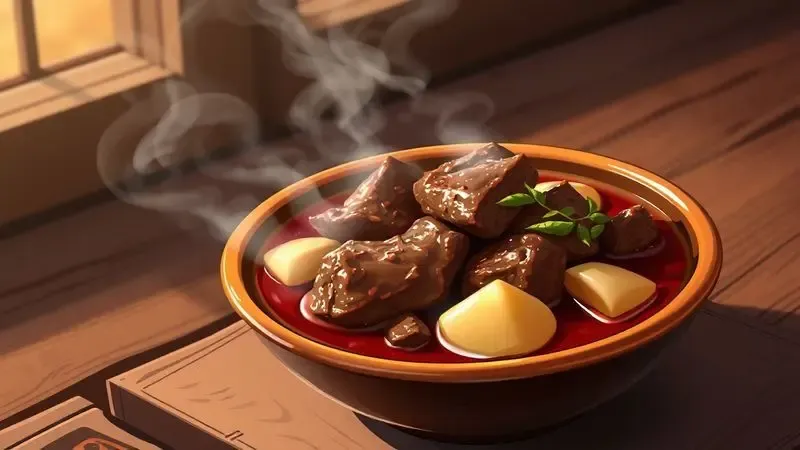Ilustração digital de um cozido de carne fumegante servido em uma tigela de cerâmica artesanal.