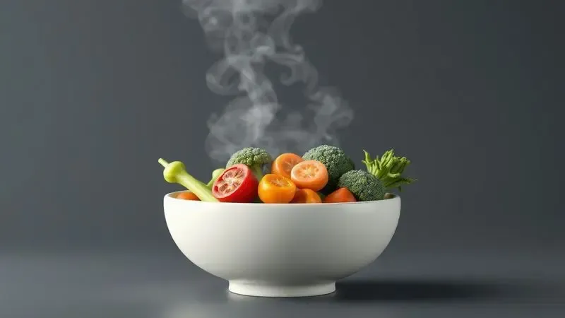 Renderização 3D de alimentos saudáveis como legumes cozidos no vapor em uma tigela minimalista, demonstrando versatilidade.