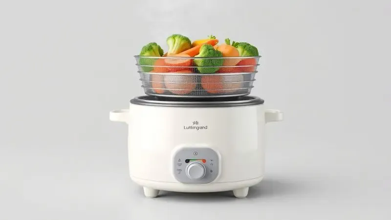 Renderização 3D de legumes coloridos sendo cozidos no vapor em uma cesta acessória de panela elétrica multifuncional.
