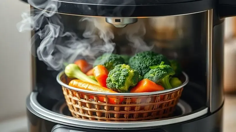 Cesta de cozimento a vapor com legumes coloridos preparada em uma panela elétrica conceitual.