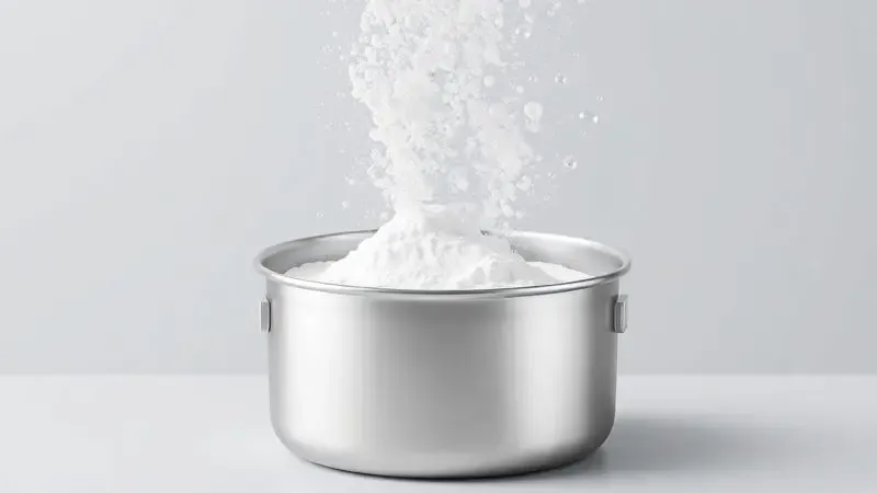 Ilustração 3D de panela de inox com água efervescente simulando a ação de bicarbonato e vinagre.