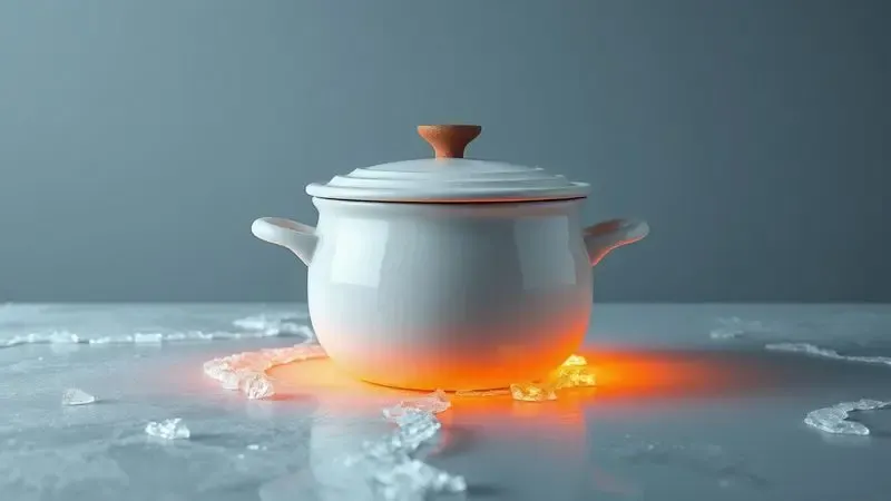 Ilustração conceitual de resistência térmica mostrando a cerâmica suportando extremos de gelo e calor de forma equilibrada.