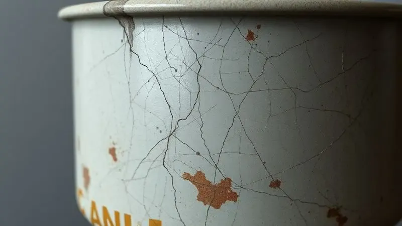 Ilustração artística mostrando uma superfície desgastada de uma panela velha, alertando para os riscos de reatividade química.