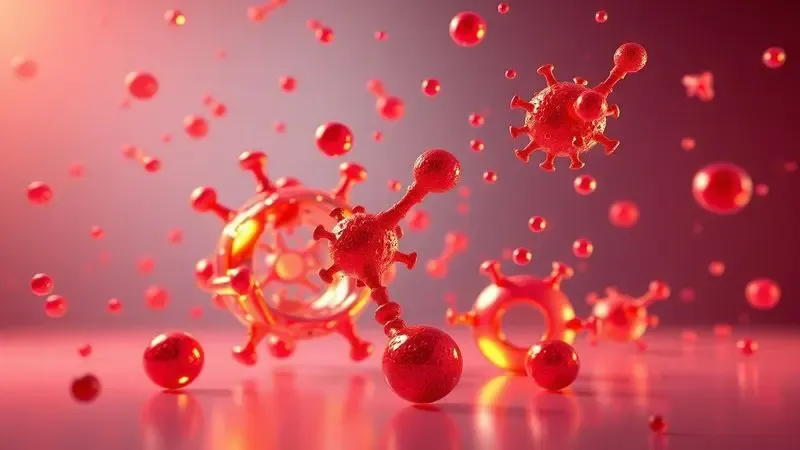 Representação 3D abstrata de formas moleculares em tons de âmbar e vermelho, simbolizando cuidados com a saúde e segurança.