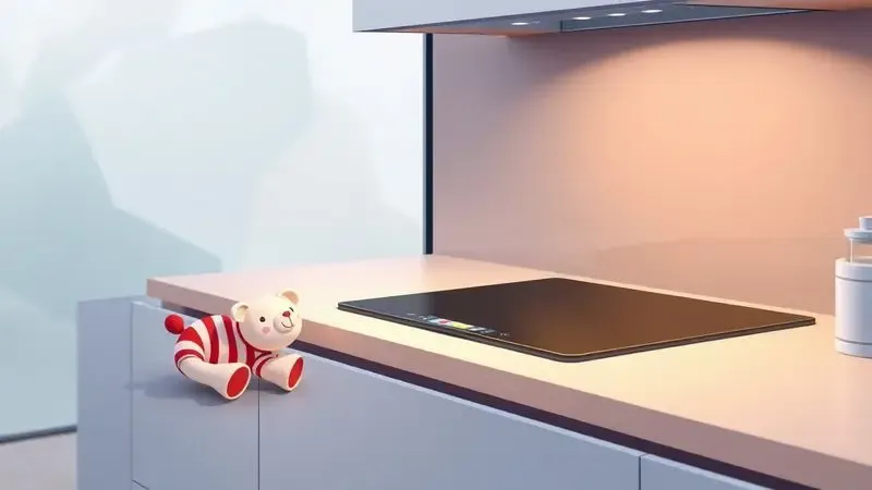 Ilustração conceitual de cozinha segura com fogão de indução, ideal para famílias e pets.