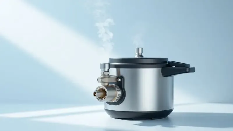Ilustração 3D da válvula de segurança de uma panela de pressão elétrica liberando vapor de forma controlada.