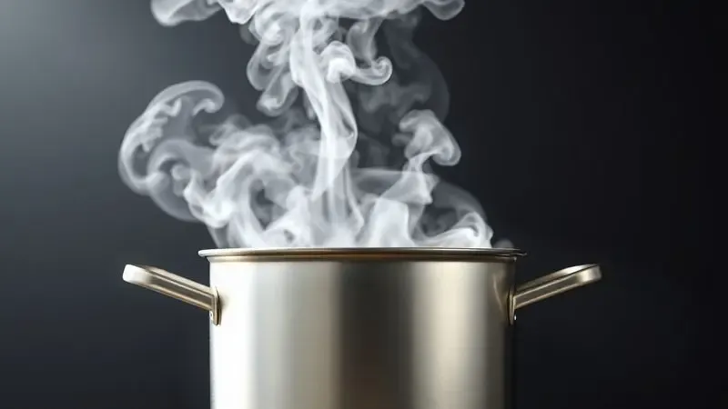 Ilustração digital de vapor saindo de uma panela em um ambiente de cozinha seguro e elegante, transmitindo tranquilidade.