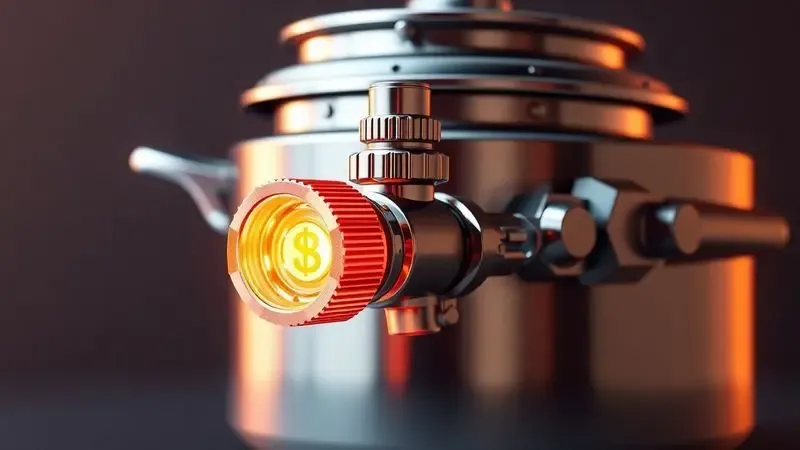 Detalhe conceitual em 3D de uma válvula de segurança de panela de pressão com iluminação cinematográfica.