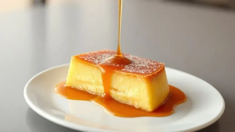 Ilustração 3D realista de um pudim de leite condensado com calda de caramelo em um prato minimalista.