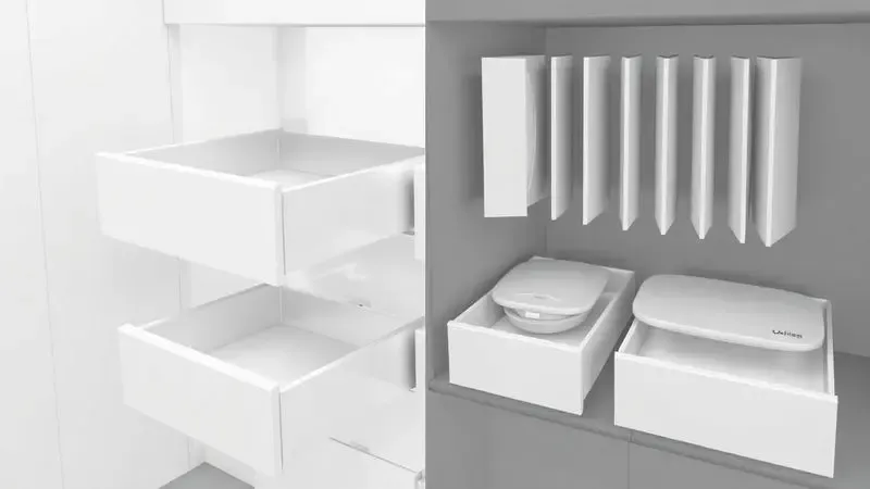 Renderização 3D de gavetas extraíveis e divisórias verticais para organizar panelas e tampas de forma eficiente.