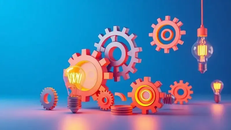 Ilustração 3D conceitual de engrenagens e luzes brilhantes representando gatilhos mentais e persuasão psicológica.