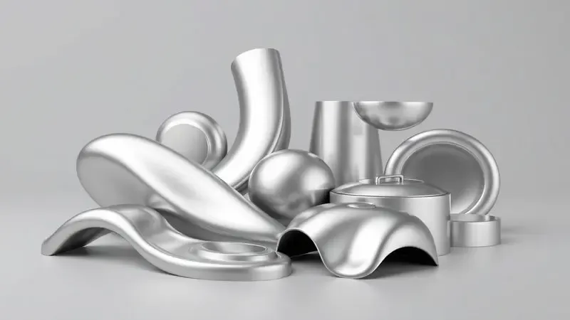 Composição abstrata de diferentes formas metálicas polidas representando rodas e utensílios domésticos com brilho intenso.