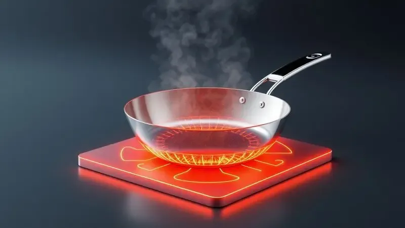 Representação conceitual em 3D da tecnologia de distribuição uniforme de calor em uma panela de alta performance.