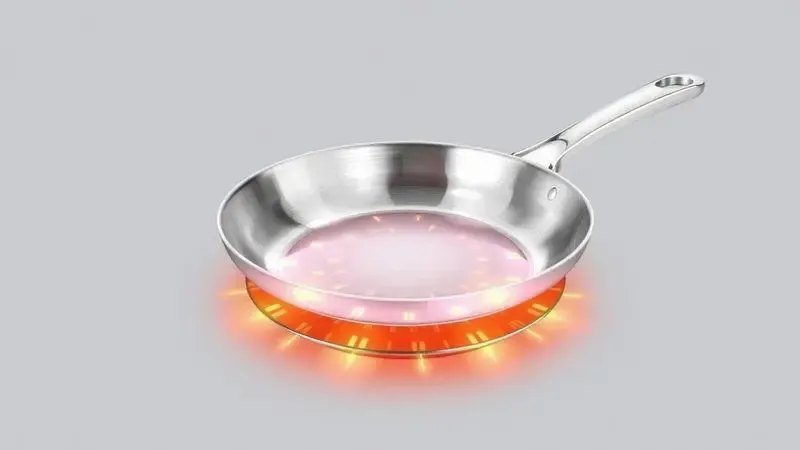 Diagrama artístico em 3D mostrando as camadas internas do fundo triplo de uma panela de inox para distribuição uniforme de calor.