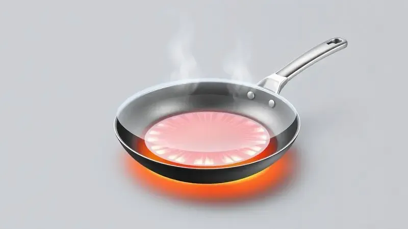Ilustração 3D conceitual mostrando as camadas internas e a distribuição uniforme de calor no fundo de uma frigideira moderna.