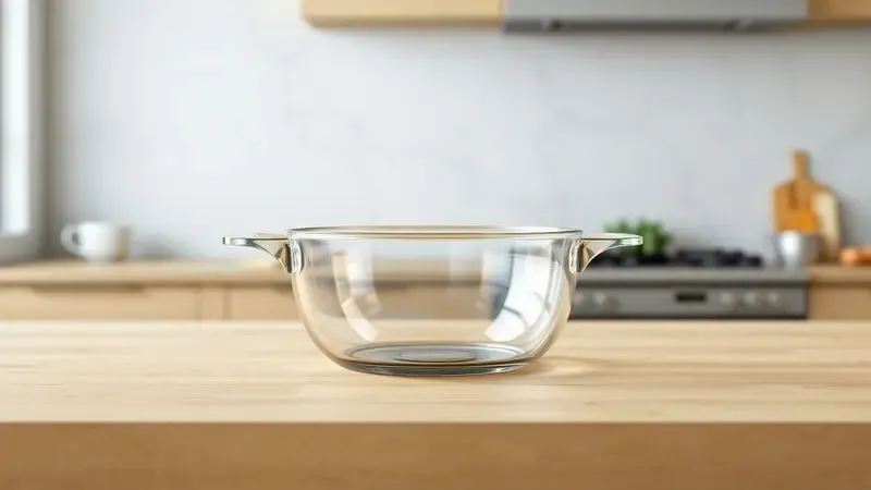 Ilustração 3D conceitual de uma panela de vidro transparente em uma bancada de madeira, simbolizando pureza e design moderno.