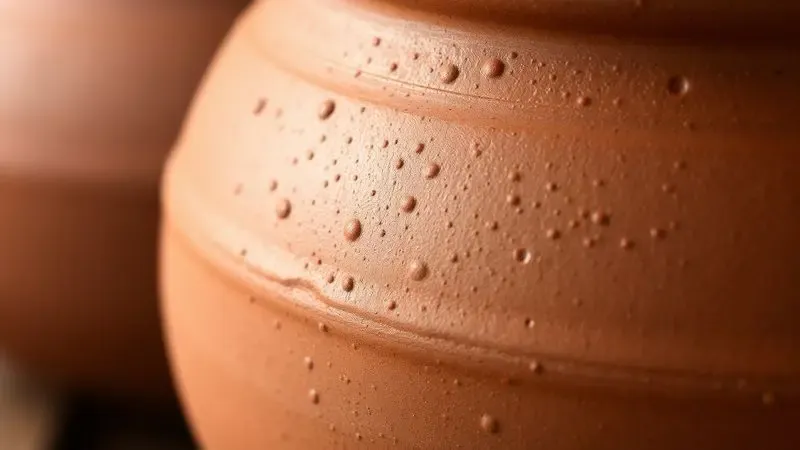 Close-up da textura porosa e orgânica de uma peça de barro tradicional, destacando sua natureza delicada.